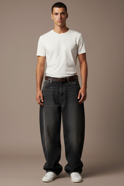 Pantalon Noir Ample Délavé Denim Décontracté Homme - Jean
