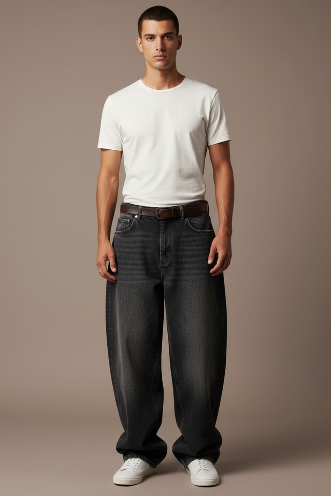Pantalon Noir Ample Délavé Denim Décontracté Homme - Jean