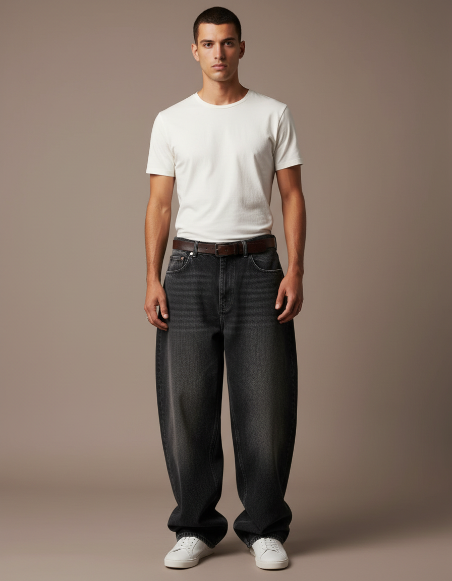 Pantalon Noir Ample Délavé Denim Décontracté Homme - Jean