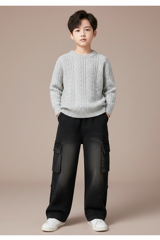 Pantalon Noir Cargo Ample En Jean Enfant