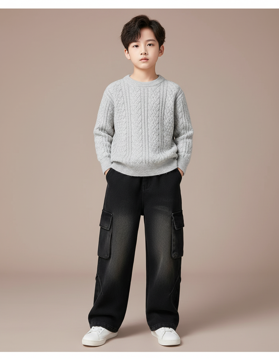 Pantalon Noir Cargo Ample En Jean Enfant