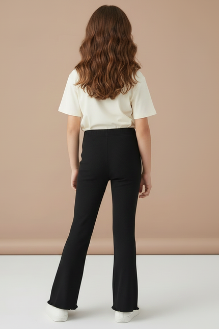 Pantalon Noir Côtelé Évasé Confortable Volanté Fille - Maille - vue 2