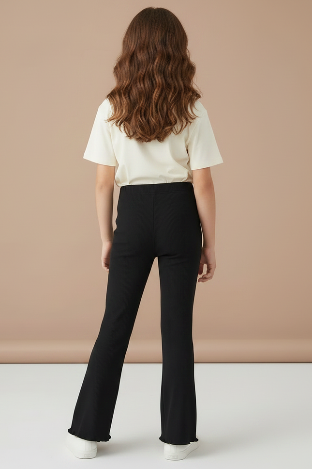 Pantalon Noir Côtelé Évasé Confortable Volanté Fille - Maille - vue 2