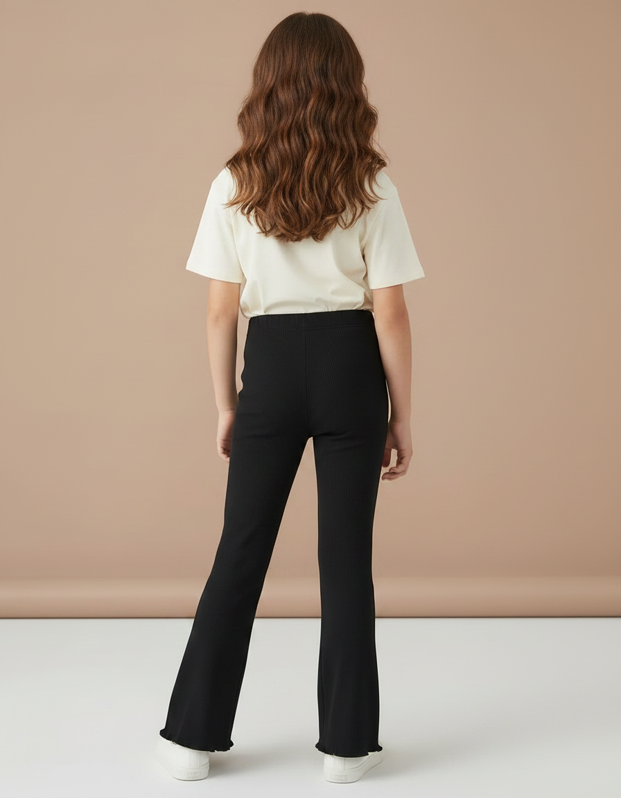 Pantalon Noir Côtelé Évasé Confortable Volanté Fille - Maille - vue 2