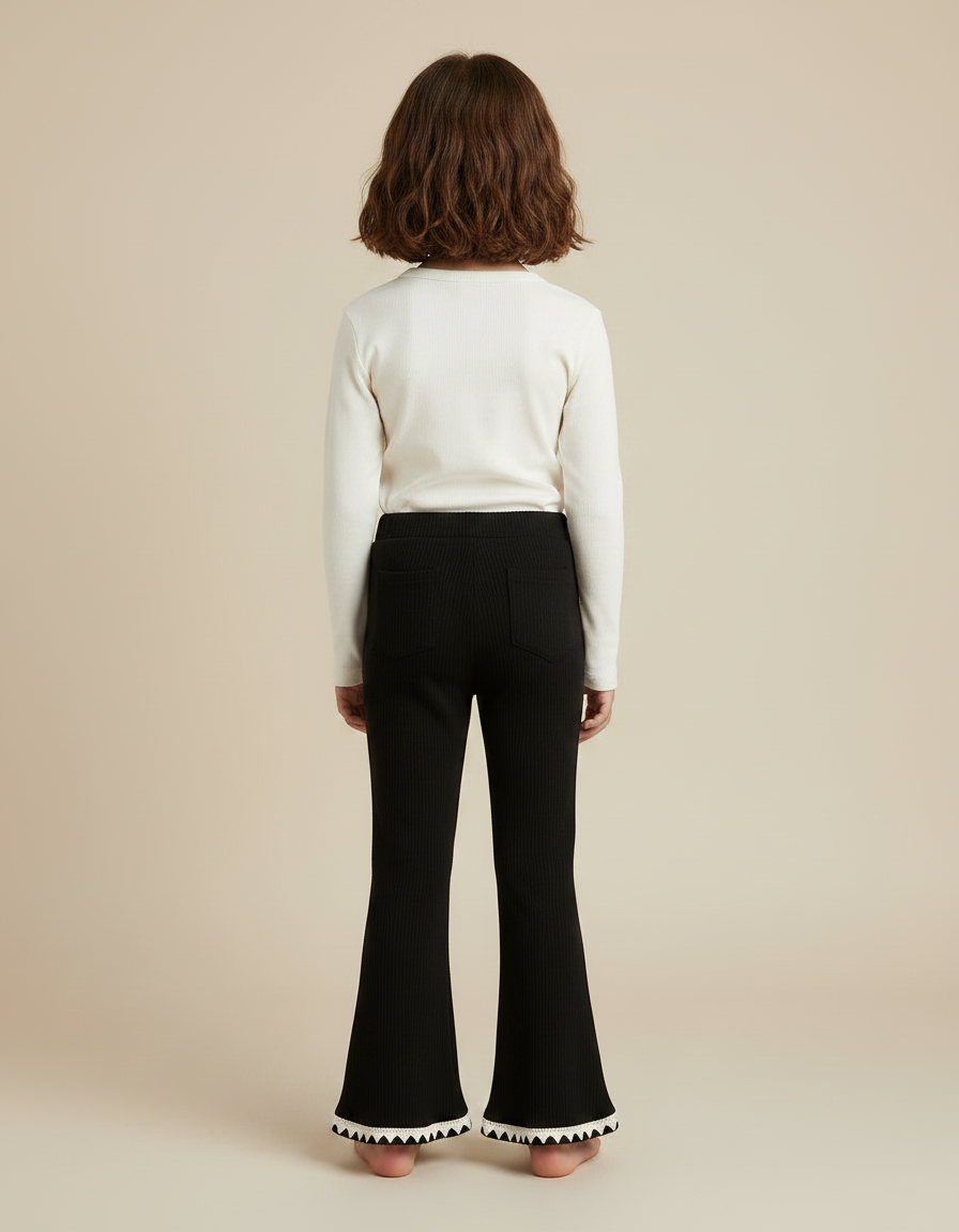 Pantalon Noir Côtelé Évasé Enfant Dentelle Hiver - Maille - vue 2