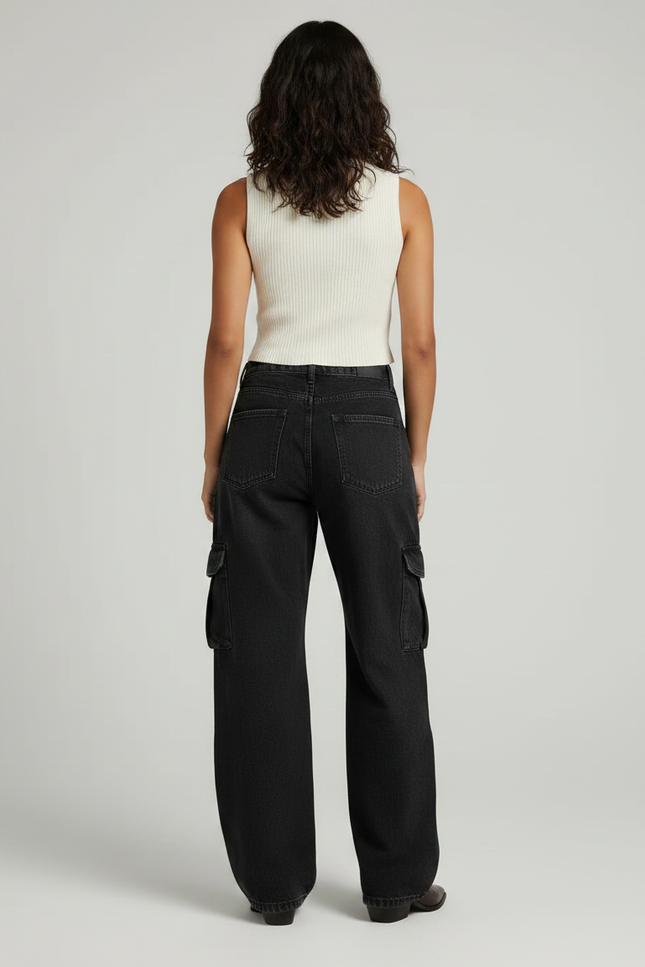 Pantalon Noir Cargo Ample Femme Décontracté - Jean - vue 2