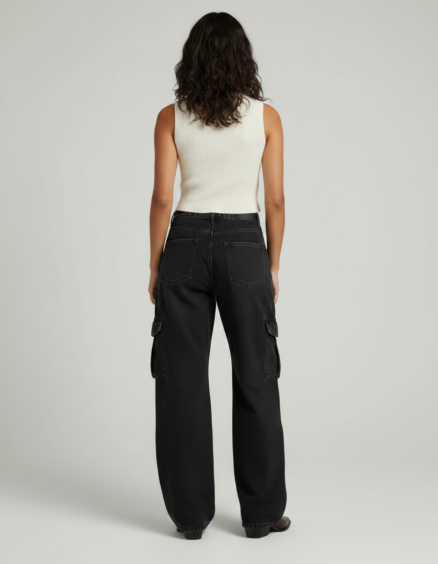 Pantalon Noir Cargo Ample Femme Décontracté - Jean - vue 2