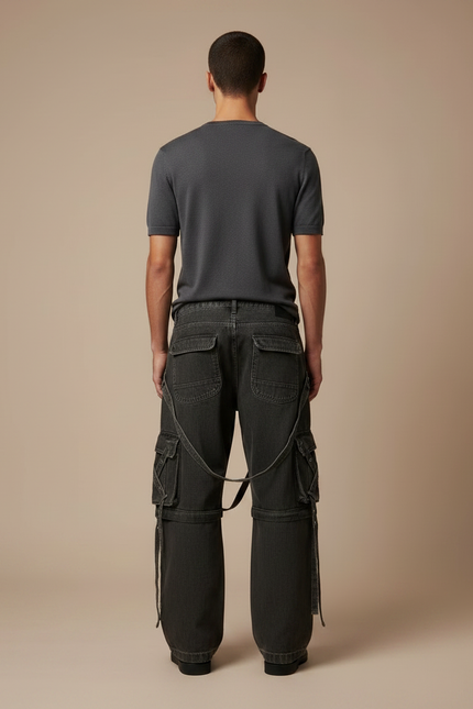 Pantalon Noir Cargo Ample Multi-poches Vintage - Jean - vue 2