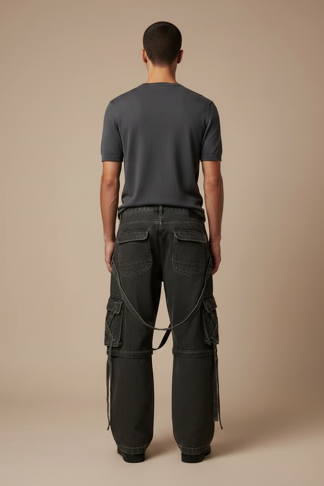 Pantalon Noir Cargo Ample Multi-poches Vintage - Jean - vue 2