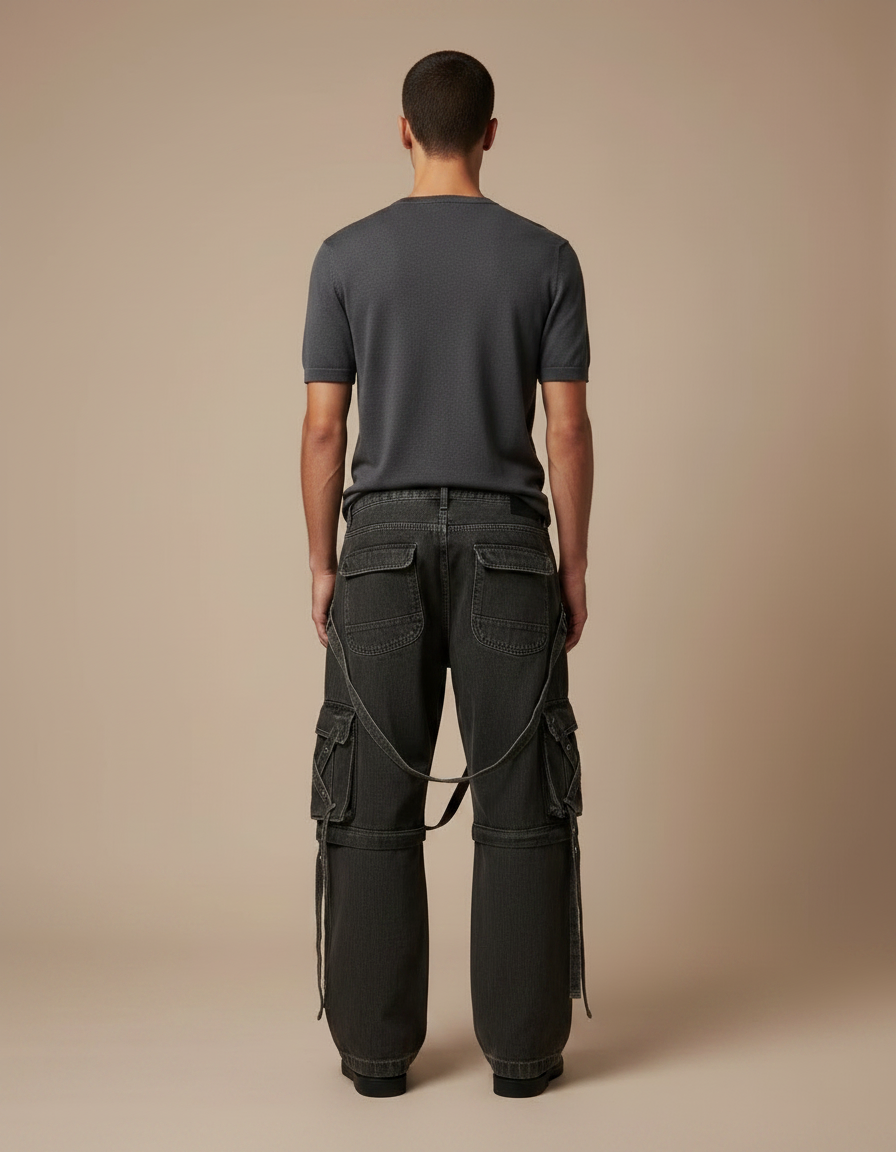 Pantalon Noir Cargo Ample Multi-poches Vintage - Jean - vue 2