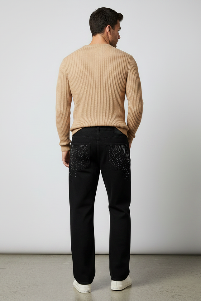 Pantalon Noir Strass Décontracté Coupe Droite Homme - Jean - vue 2