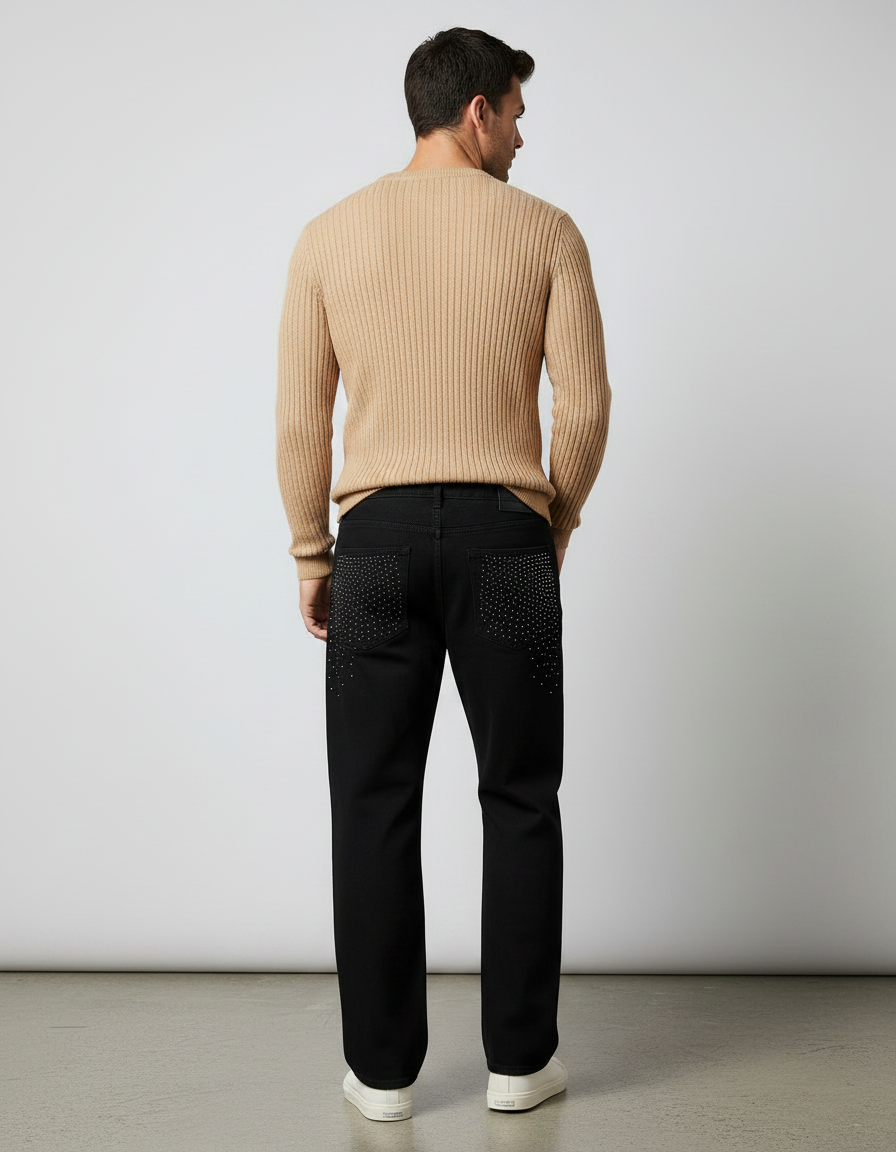 Pantalon Noir Strass Décontracté Coupe Droite Homme - Jean - vue 2