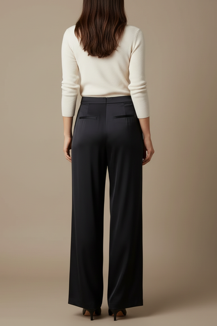 Pantalon Noir Satin Fluide Ample Élégant - vue 2
