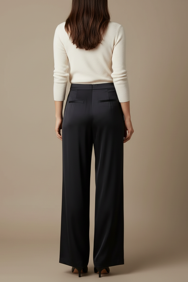 Pantalon Noir Satin Fluide Ample Élégant - vue 2
