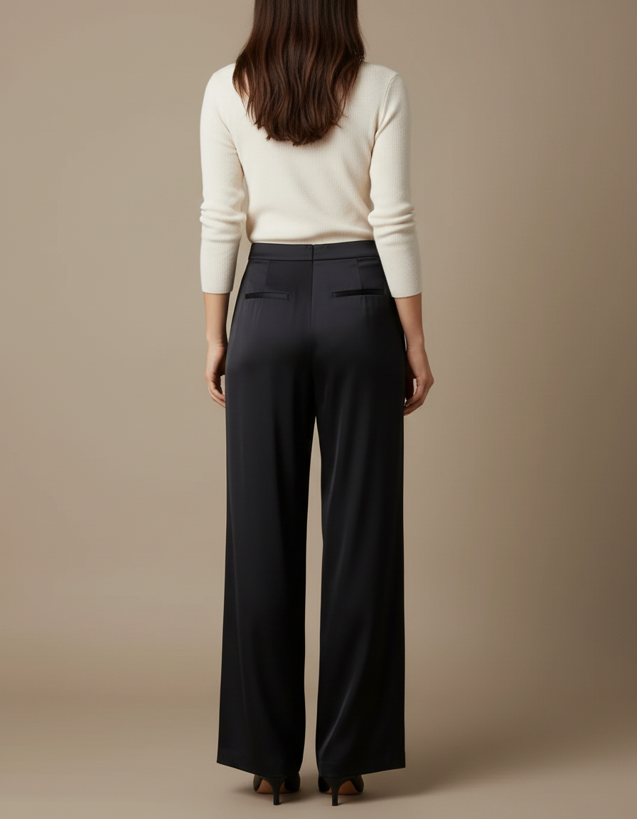Pantalon Noir Satin Fluide Ample Élégant - vue 2