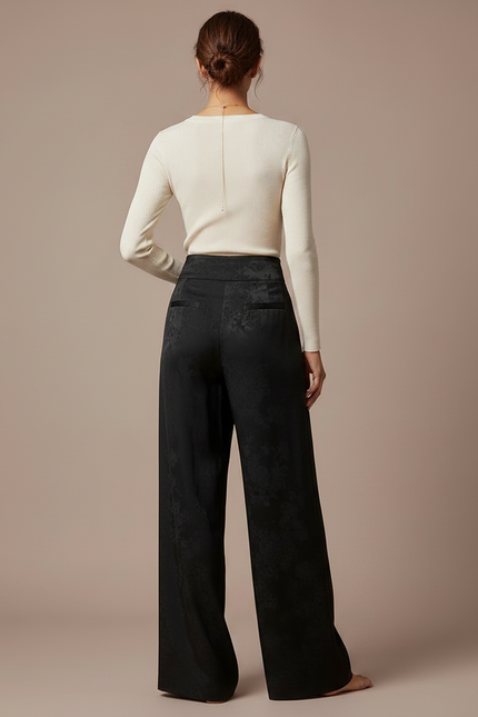 Pantalon Noir Satin Jacquard Ample Fluide Femme - vue 2
