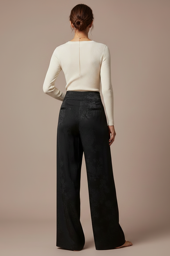 Pantalon Noir Satin Jacquard Ample Fluide Femme - vue 2