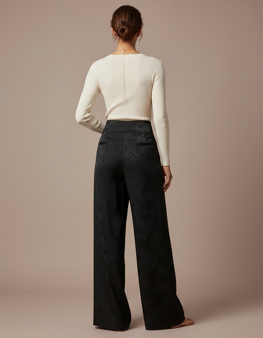 Pantalon Noir Satin Jacquard Ample Fluide Femme - vue 2