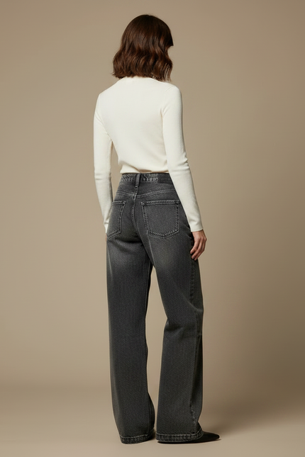 Pantalon Noir Jean Ample Délavé Brodé Tribal Femme - Gris - vue 2