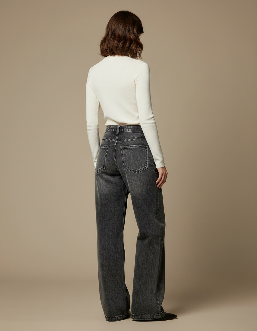 Pantalon Noir Jean Ample Délavé Brodé Tribal Femme - Gris - vue 2