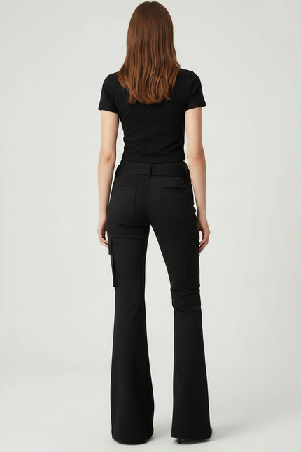Pantalon Noir Évasé Rivets Cargo Taille Haute Y2k - Polyester - vue 2
