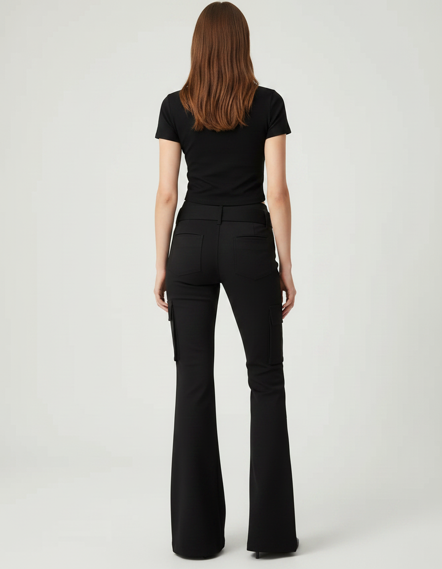 Pantalon Noir Évasé Rivets Cargo Taille Haute Y2k - Polyester - vue 2