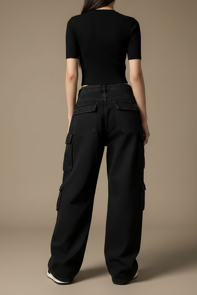 Pantalon Noir Cargo Femme Ample Vintage Multi-Poches - Jean - vue 2