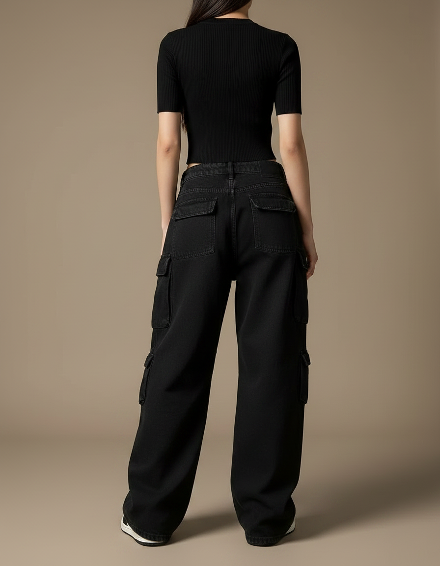 Pantalon Noir Cargo Femme Ample Vintage Multi-Poches - Jean - vue 2