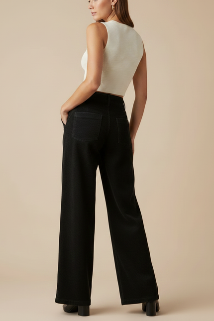 Pantalon Noir Côtelé Taille Haute Ample Femme - Cordé - vue 2