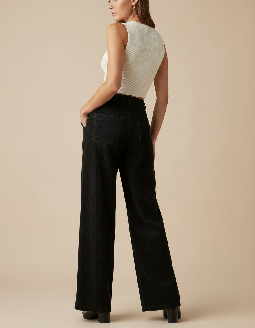 Pantalon Noir Côtelé Taille Haute Ample Femme - Cordé - vue 2