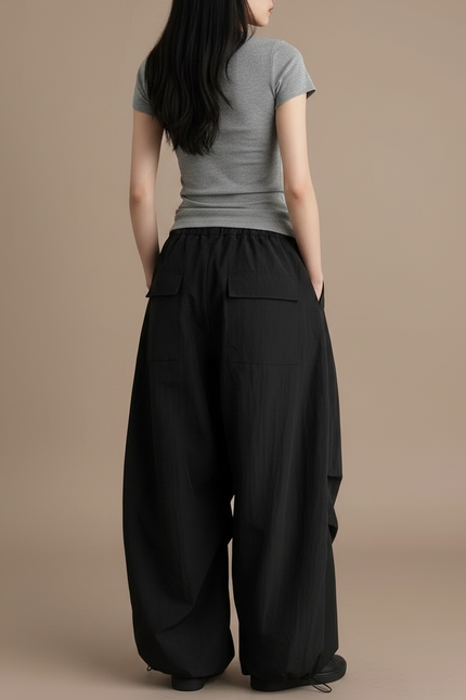 Pantalon Noir Baggy Cargo Ample Streetwear - Polyester - vue 2