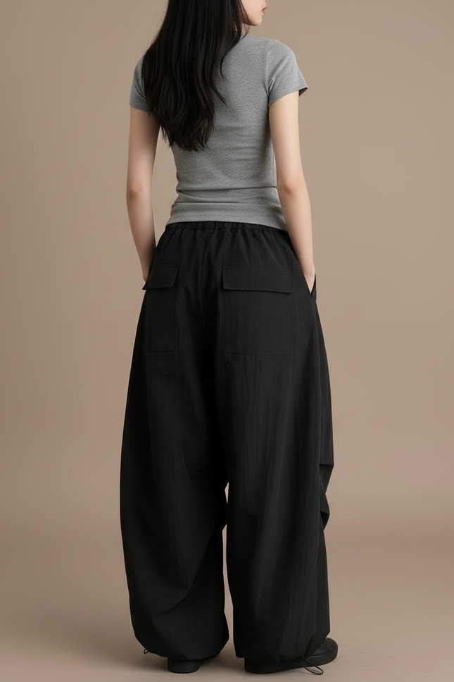 Pantalon Noir Baggy Cargo Ample Streetwear - Polyester - vue 2