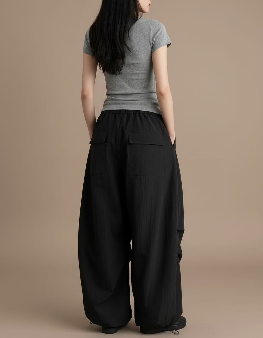 Pantalon Noir Baggy Cargo Ample Streetwear - Polyester - vue 2