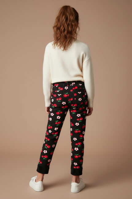Pantalon Noir Imprimé Cerises Filles Chaud Hiver - Molleton - vue 2