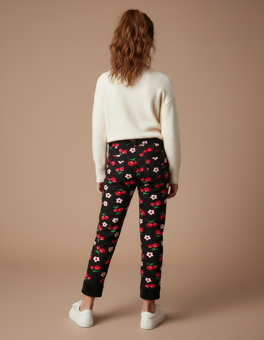 Pantalon Noir Imprimé Cerises Filles Chaud Hiver - Molleton - vue 2