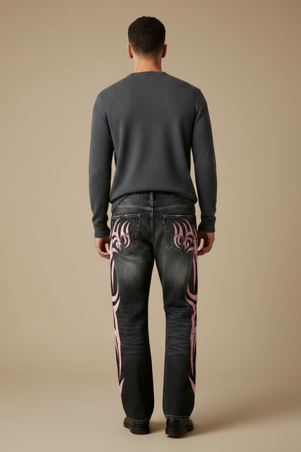 Pantalon Noir Ample Denim Tribal Rose Déchiré - Jean - vue 2