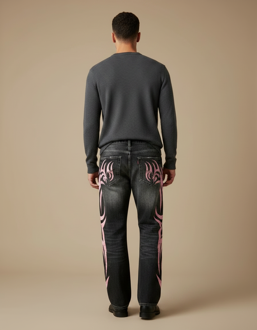 Pantalon Noir Ample Denim Tribal Rose Déchiré - Jean - vue 2