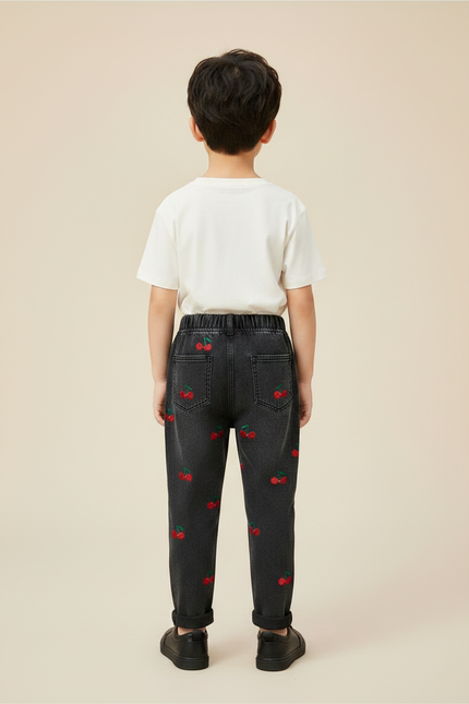 Pantalon Noir Enfant Brodé Cerises Taille Élastique - Jean - vue 2
