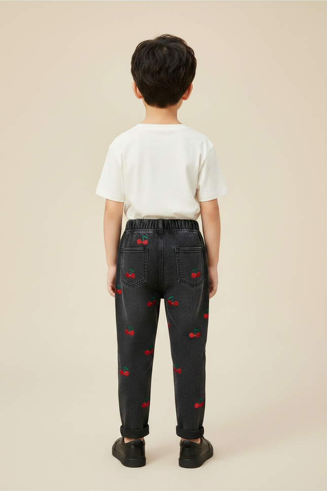 Pantalon Noir Enfant Brodé Cerises Taille Élastique - Jean - vue 2
