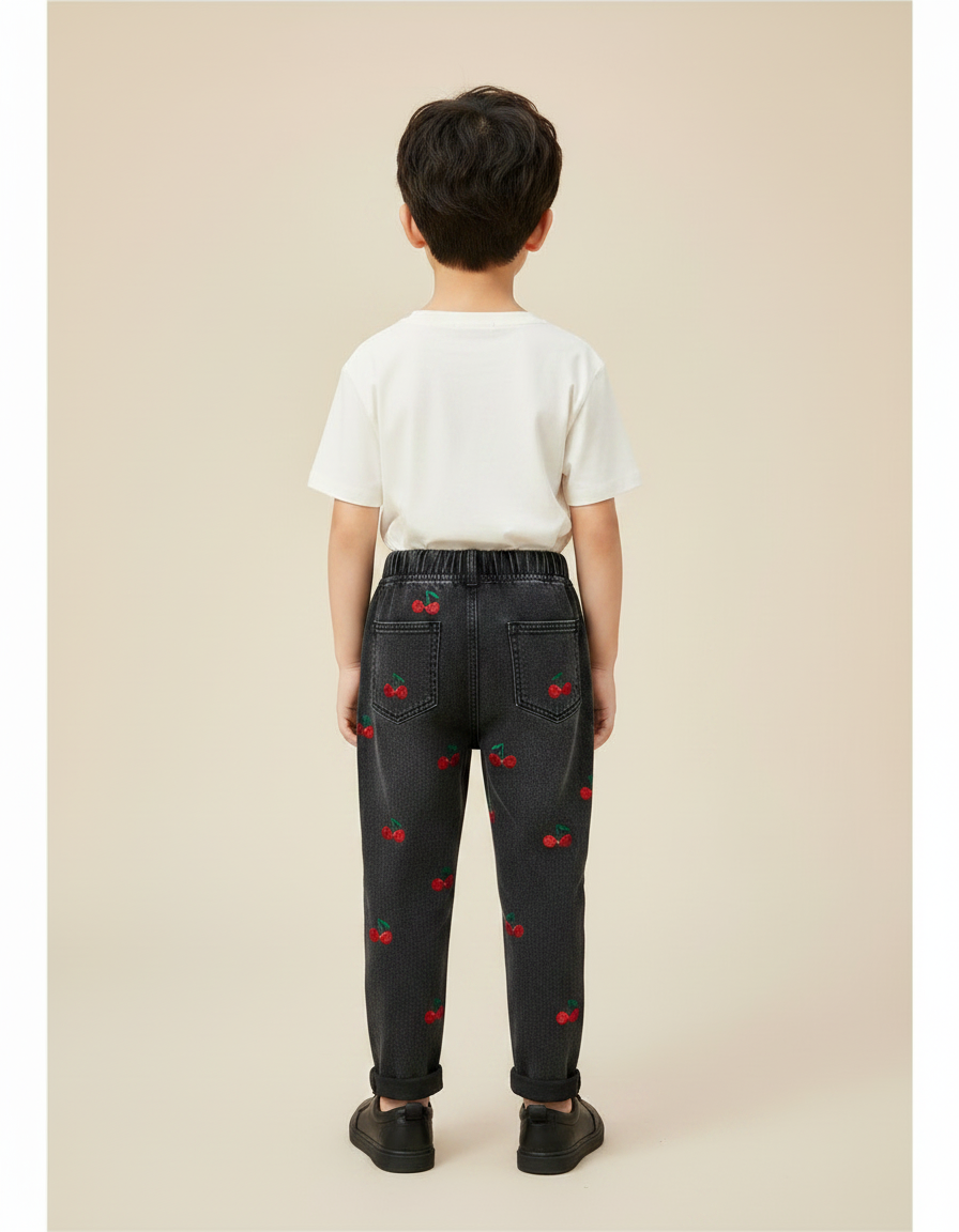 Pantalon Noir Enfant Brodé Cerises Taille Élastique - Jean - vue 2