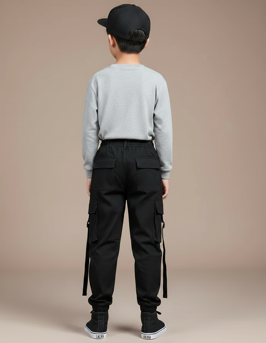 Pantalon Noir Cargo Streetwear Garçon Poches - Toile - vue 2