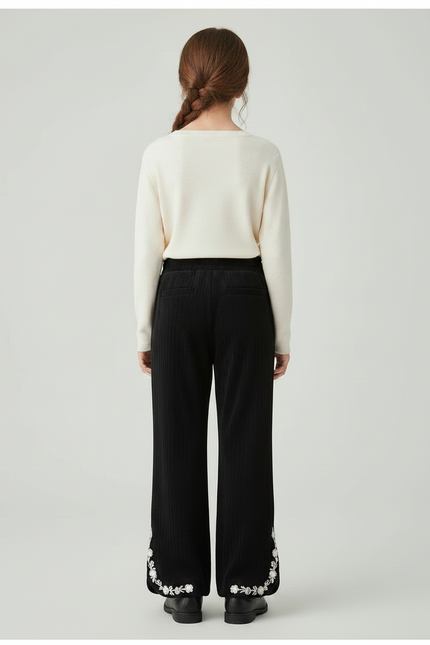 Pantalon Noir Côtelé Évasé Brodé Fille - Cordé - vue 2