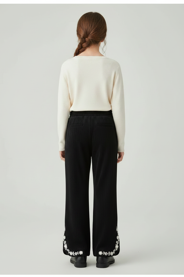 Pantalon Noir Côtelé Évasé Brodé Fille - Cordé - vue 2