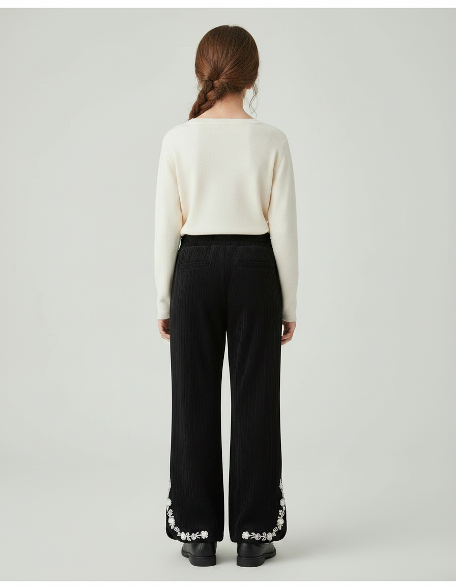 Pantalon Noir Côtelé Évasé Brodé Fille - Cordé - vue 2