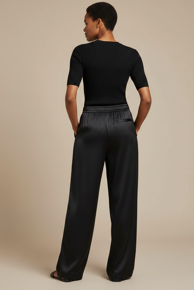 Pantalon Noir Satin Ample Fluide Élégant Femme - vue 2
