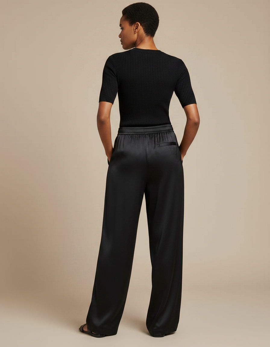 Pantalon Noir Satin Ample Fluide Élégant Femme - vue 2