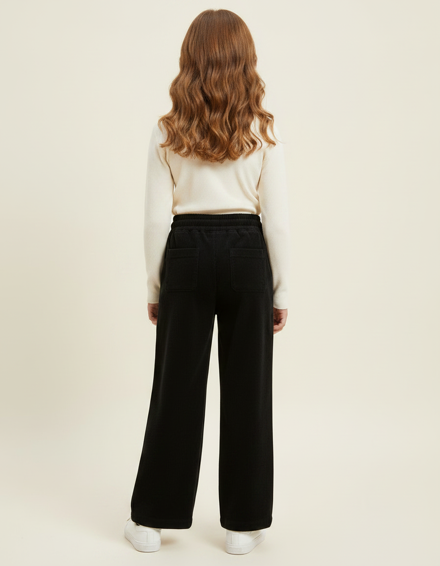 Pantalon Noir Côtelé Ample Fille Décontracté Confortable - Cordé - vue 2