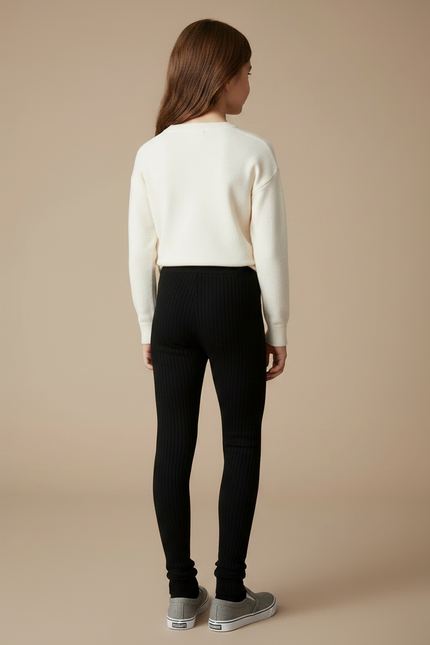Pantalon Noir Côtelé Chaud Enfant Fille Slim - Maille - vue 2