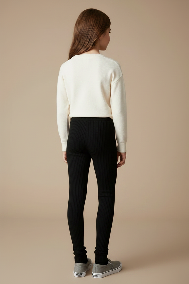 Pantalon Noir Côtelé Chaud Enfant Fille Slim - Maille - vue 2