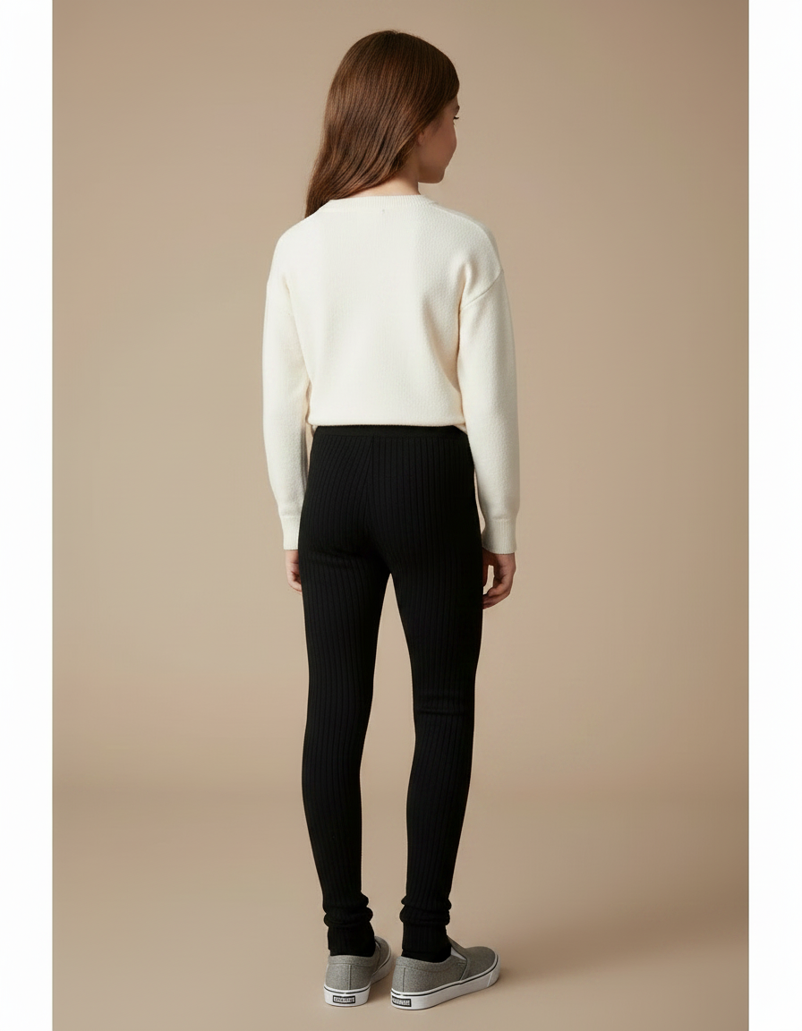 Pantalon Noir Côtelé Chaud Enfant Fille Slim - Maille - vue 2